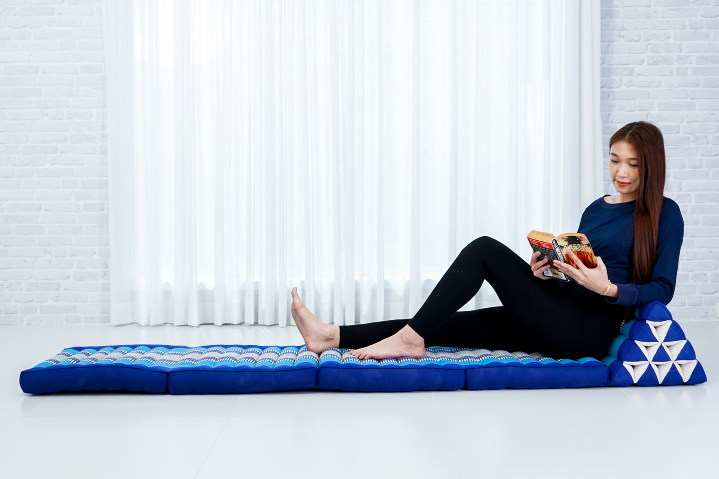 Thai Folding Mat with Triangle Cushion – Handmade Kapok Relax Mat for Sleeping, Reading & Lounging, Sf28 - Blue, 4 seating segments