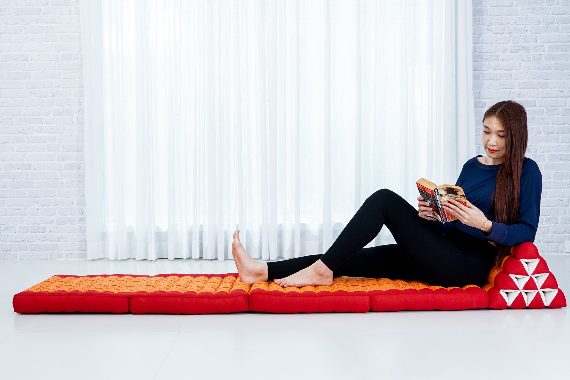 Thai Folding Mat with Triangle Cushion – Handmade Kapok Relax Mat for Sleeping, Reading & Lounging, Sf02 - Orange, 4 seating segments