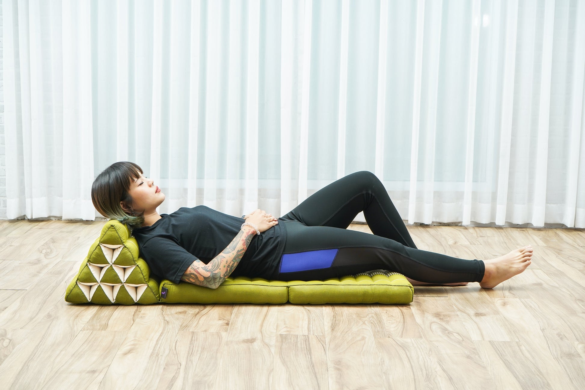 Thai Folding Mat with Triangle Cushion – Handmade Kapok Relax Mat for Sleeping, Reading & Lounging, Sf17 - Green, 2 seating segments