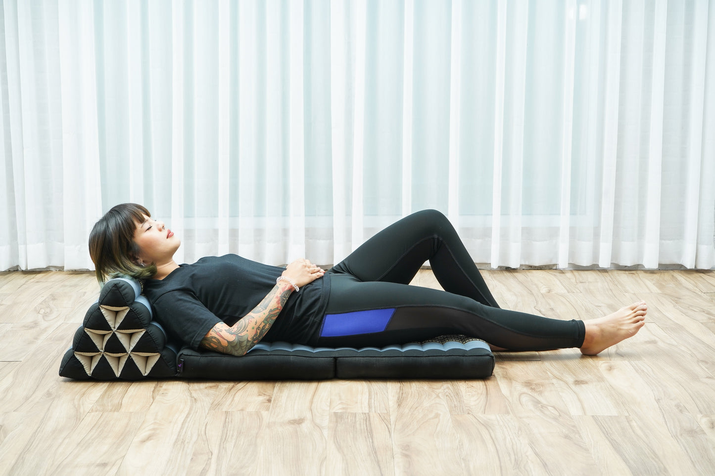 Thai Folding Mat with Triangle Cushion – Handmade Kapok Relax Mat for Sleeping, Reading & Lounging, Sf15 - Blue, 2 seating segments