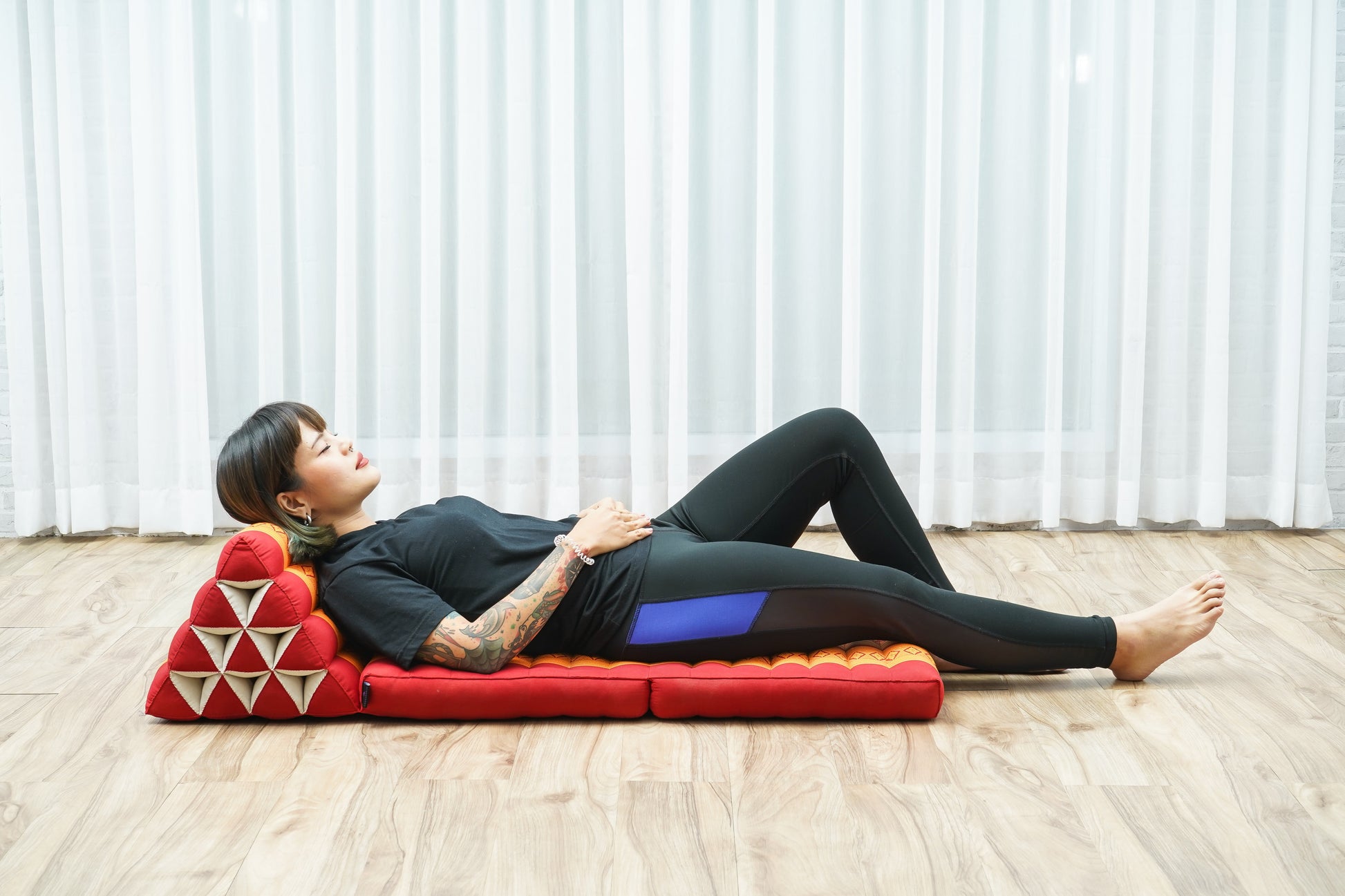 Thai Folding Mat with Triangle Cushion – Handmade Kapok Relax Mat for Sleeping, Reading & Lounging, Sf02 - Orange, 2 seating segments