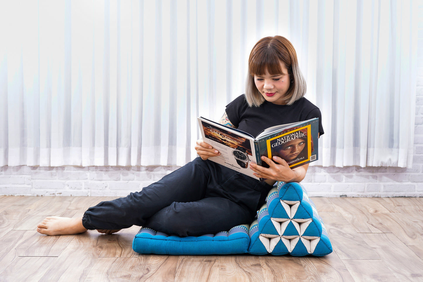 Triangular Kapok Backrest Cushion – Firm Thai Reading Pillow with Cotton Cover in Plain or Patterned Designs, Sf22 - Blue, 1 seating segment