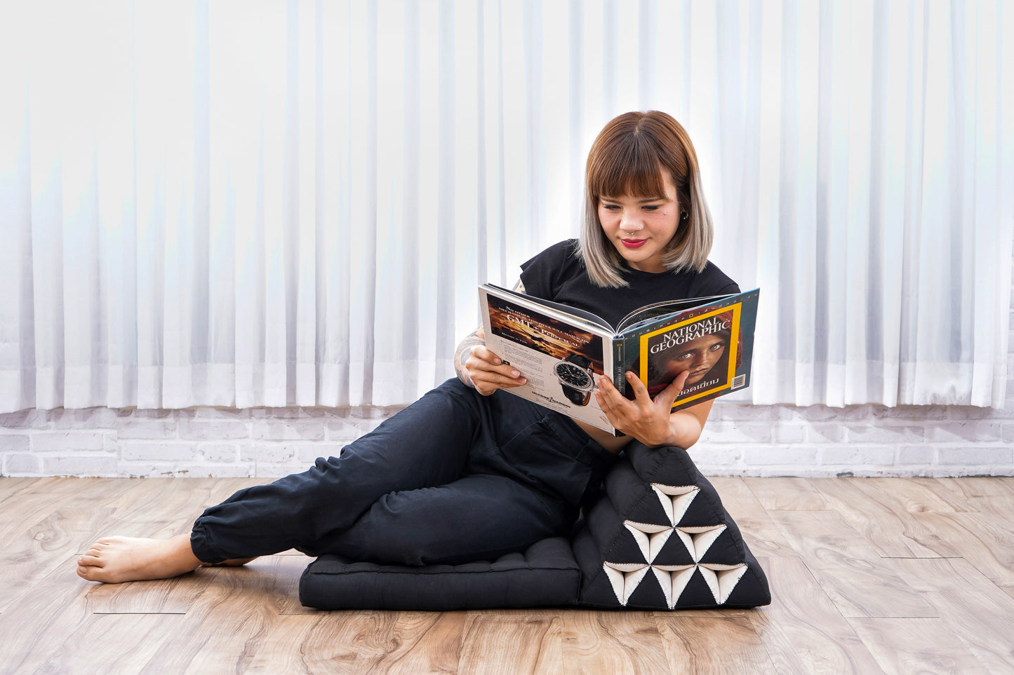 Triangular Kapok Backrest Cushion – Firm Thai Reading Pillow with Cotton Cover in Plain or Patterned Designs, Cl02 - Black, 1 seating segment