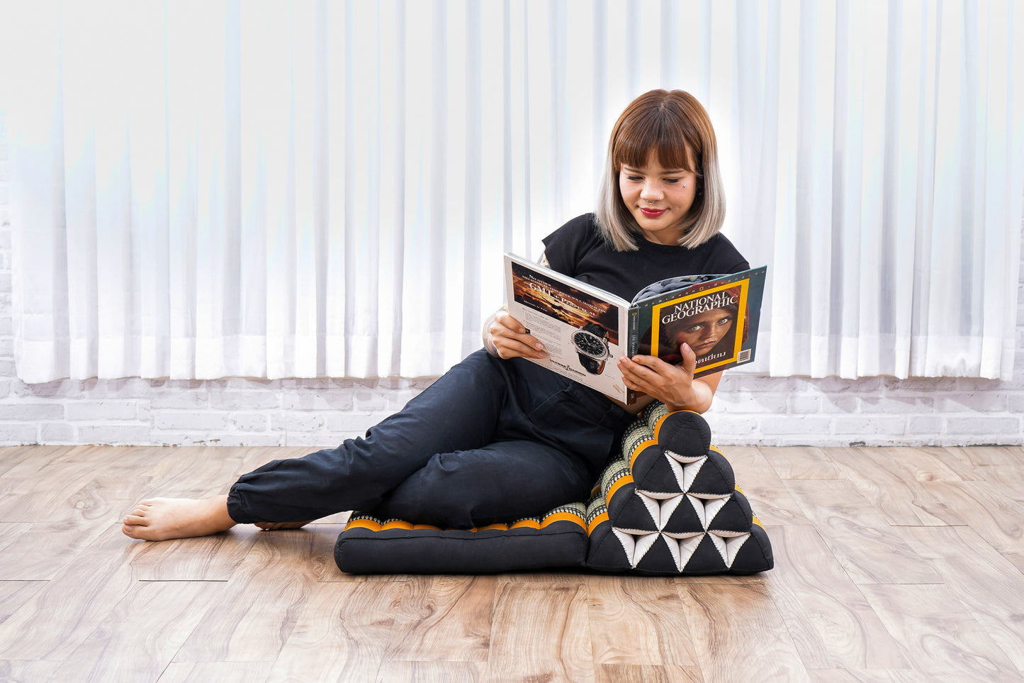 Triangular Kapok Backrest Cushion – Firm Thai Reading Pillow with Cotton Cover in Plain or Patterned Designs, Sf03 - Black, Orange, 1 seating segment
