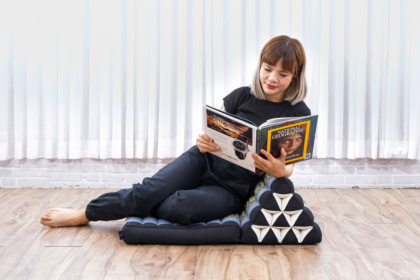 Triangular Kapok Backrest Cushion – Firm Thai Reading Pillow with Cotton Cover in Plain or Patterned Designs, Sf15 - Blue, 1 seating segment