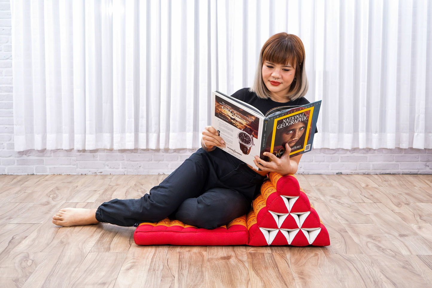 Triangular Kapok Backrest Cushion – Firm Thai Reading Pillow with Cotton Cover in Plain or Patterned Designs, Sf02 - Orange, 1 seating segment