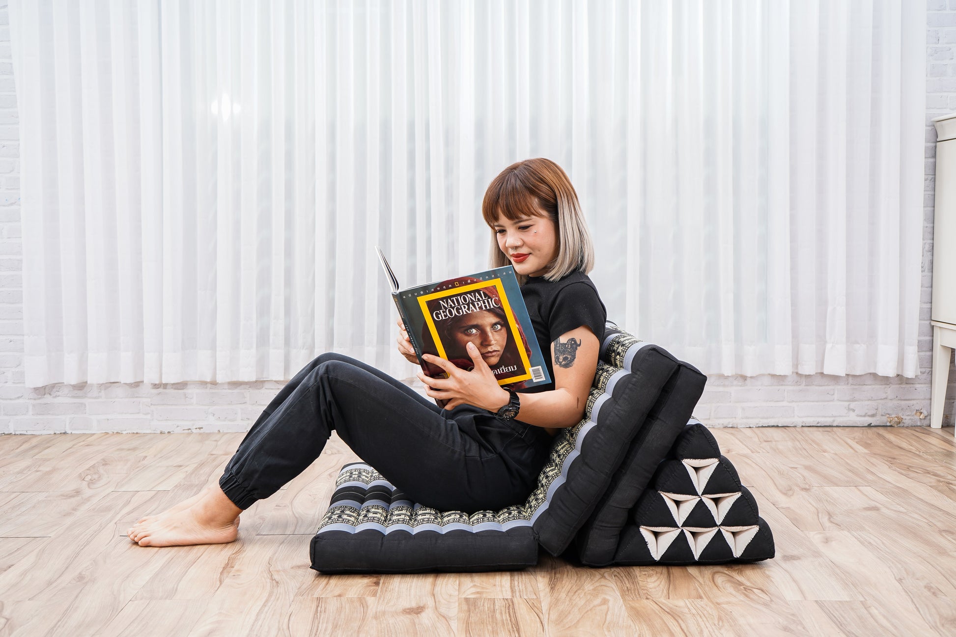 Thai Folding Mat with Triangle Cushion – Handmade Kapok Relax Mat for Sleeping, Reading & Lounging, Sf15 - Blue, 3 seating segments XL