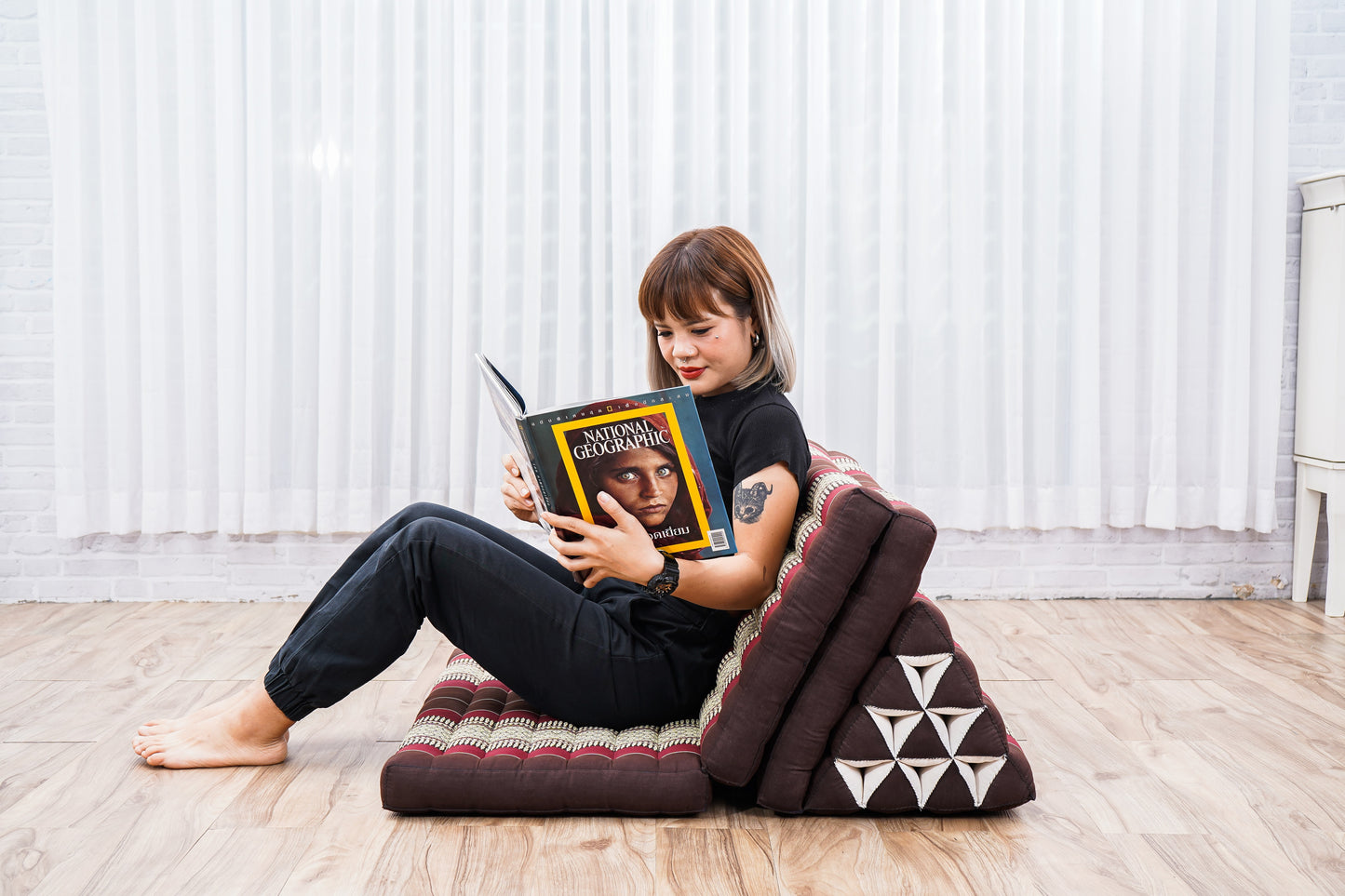 Thai Folding Mat with Triangle Cushion – Handmade Kapok Relax Mat for Sleeping, Reading & Lounging, Sf19 - Red, Brown, 3 seating segments XL