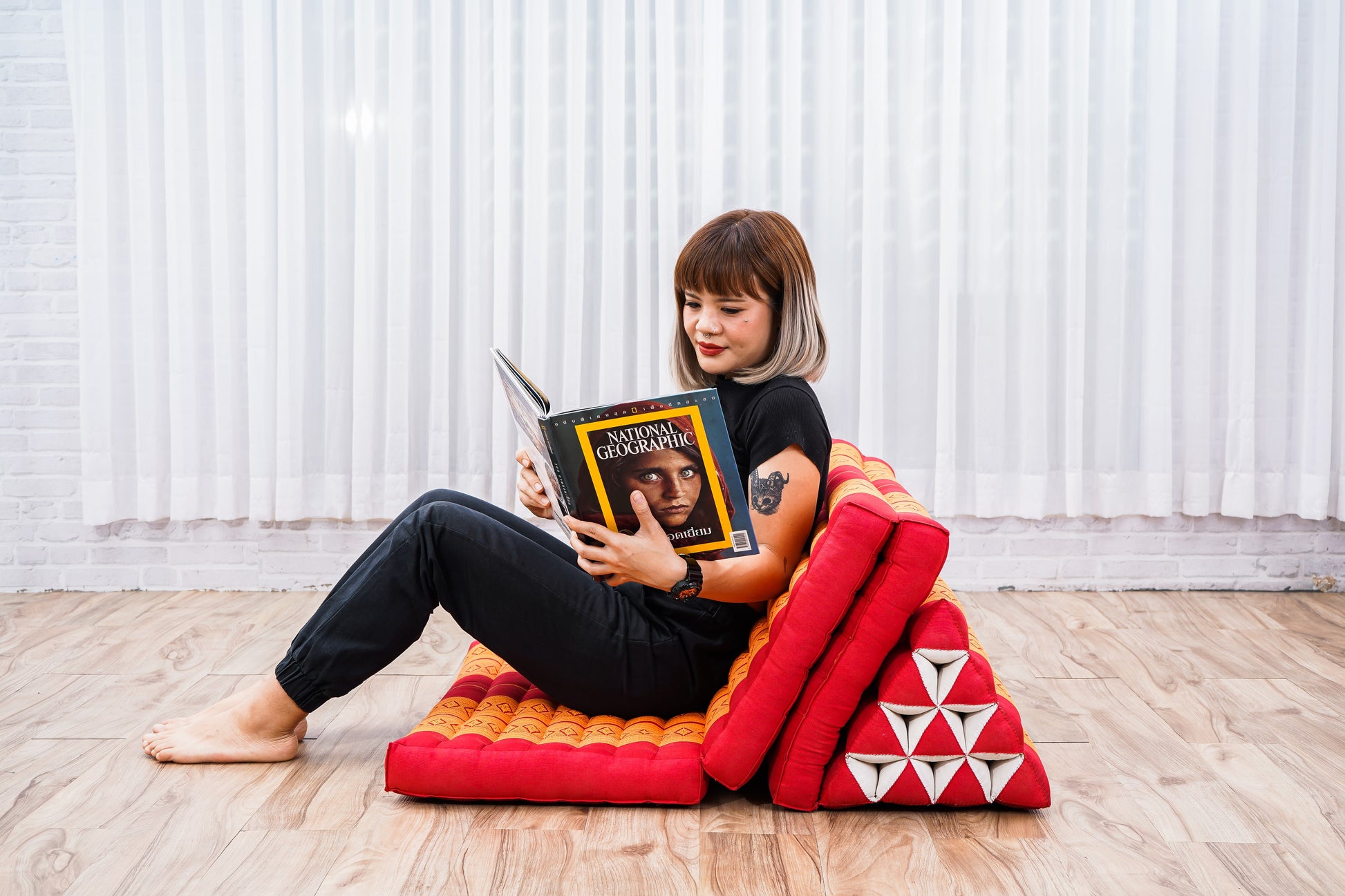 Thai Folding Mat with Triangle Cushion – Handmade Kapok Relax Mat for Sleeping, Reading & Lounging, Sf02 - Orange, 3 seating segments XL