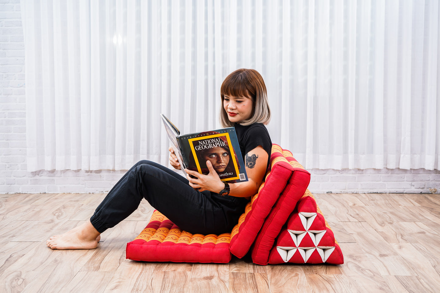 Thai Folding Mat with Triangle Cushion – Handmade Kapok Relax Mat for Sleeping, Reading & Lounging, Sf02 - Orange, 3 seating segments XL