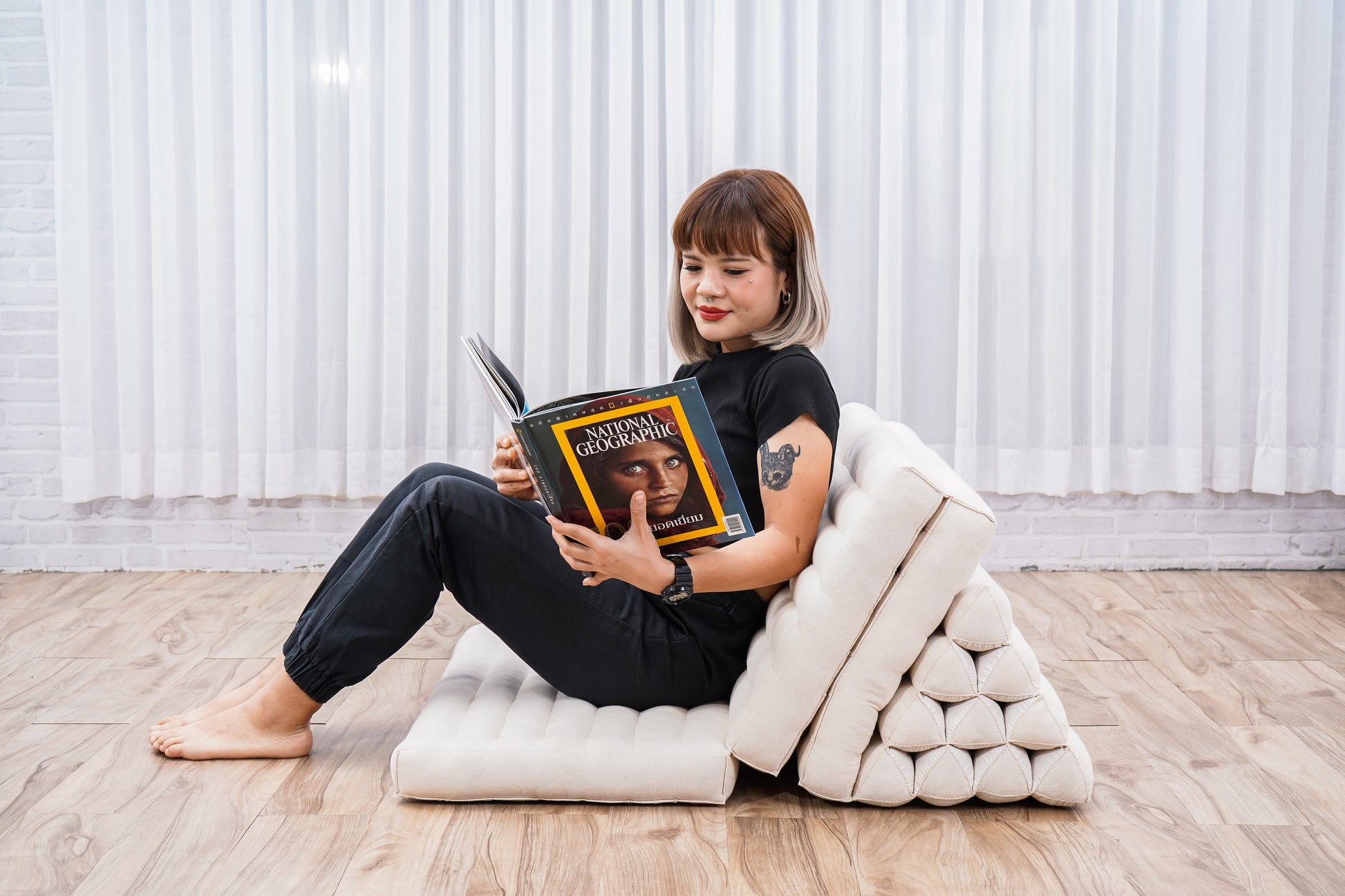 Thai Folding Mat with Triangle Cushion – Handmade Kapok Relax Mat for Sleeping, Reading & Lounging, Cl01 - Ecru, 3 seating segments XL