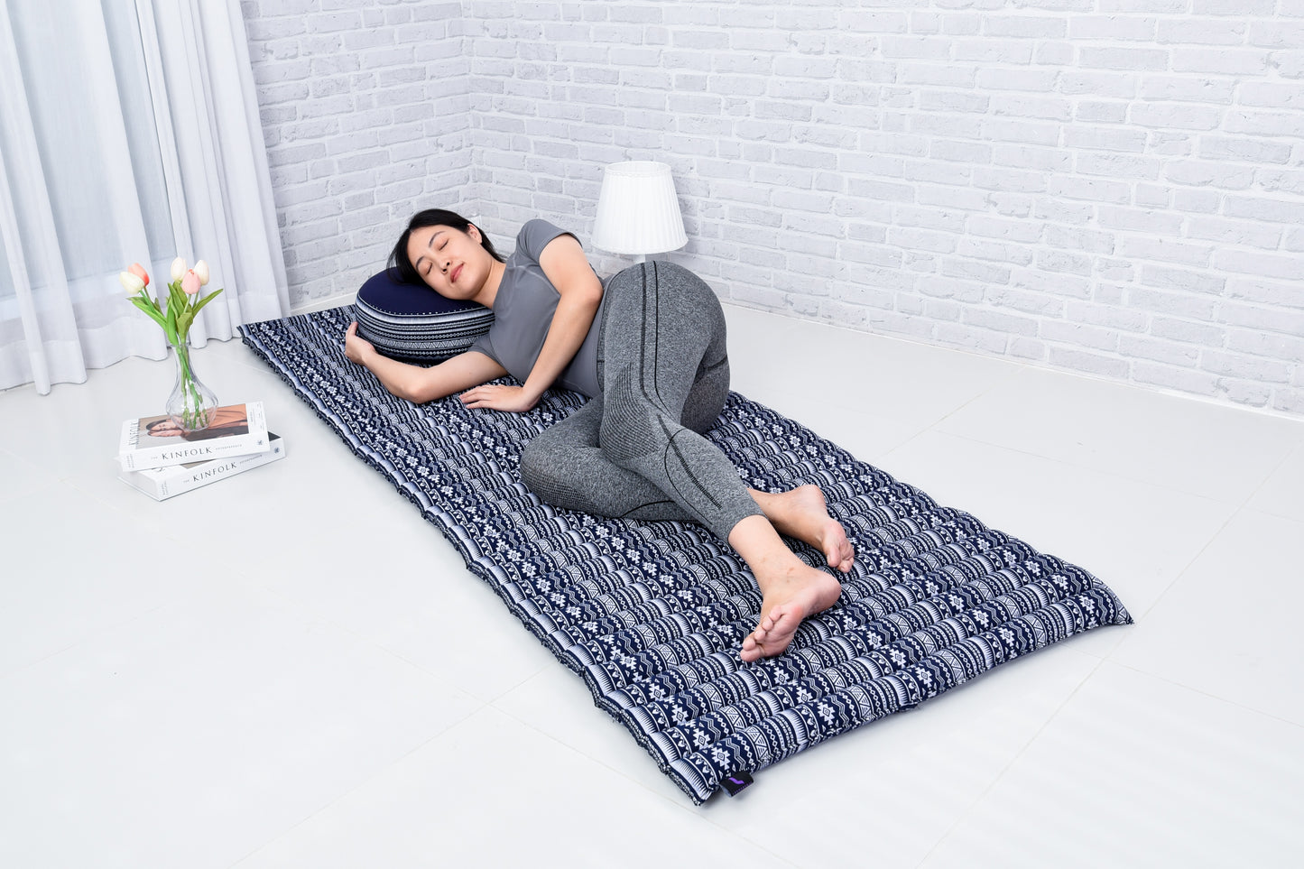 Kapok Roll-Up Mattress – Foldable Sleeping & Relax Mat with Cotton Cover for Home & Outdoor Use, Cbt2 - Dark Blue, M: 190x70 cm