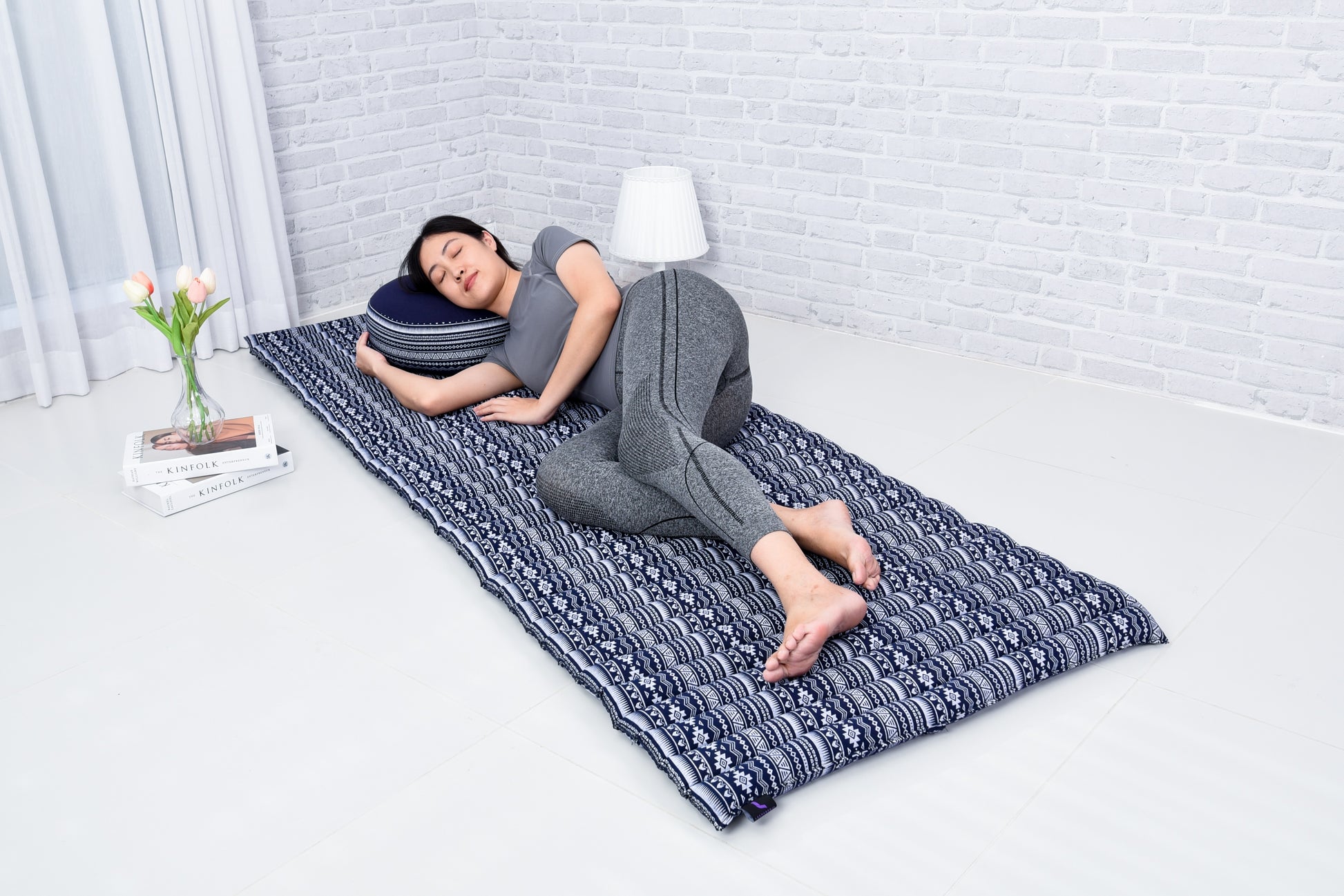 Kapok Roll-Up Mattress – Foldable Sleeping & Relax Mat with Cotton Cover for Home & Outdoor Use, Cbt2 - Dark Blue, M: 190x70 cm