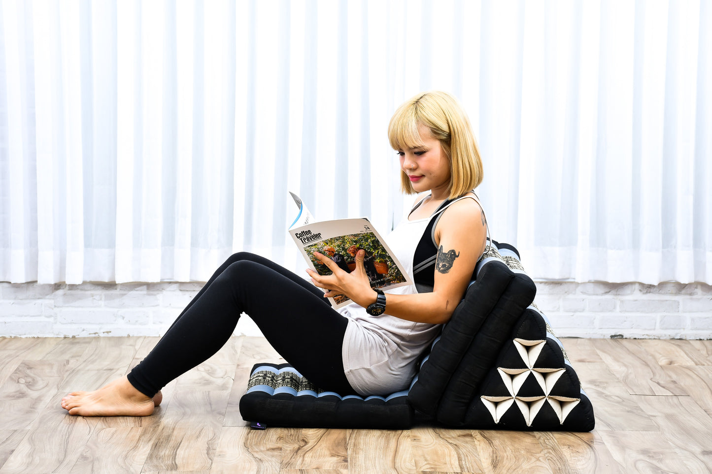 Thai Folding Mat with Triangle Cushion – Handmade Kapok Relax Mat for Sleeping, Reading & Lounging, Sf15 - Blue, 3 seating segments