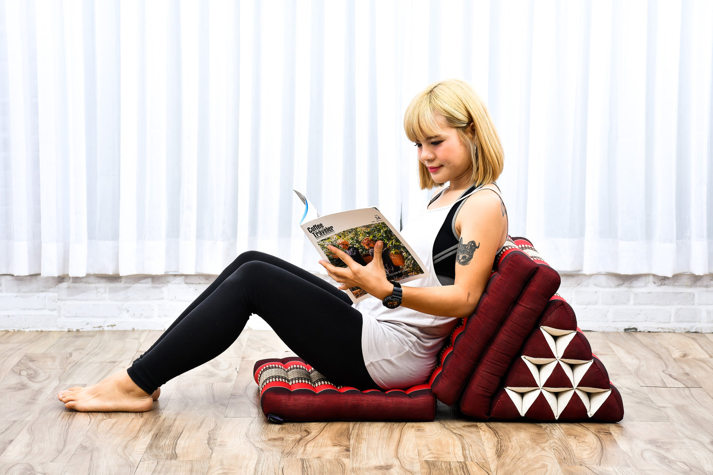 Thai Folding Mat with Triangle Cushion – Handmade Kapok Relax Mat for Sleeping, Reading & Lounging, Sf24 - Red, Brown, 3 seating segments