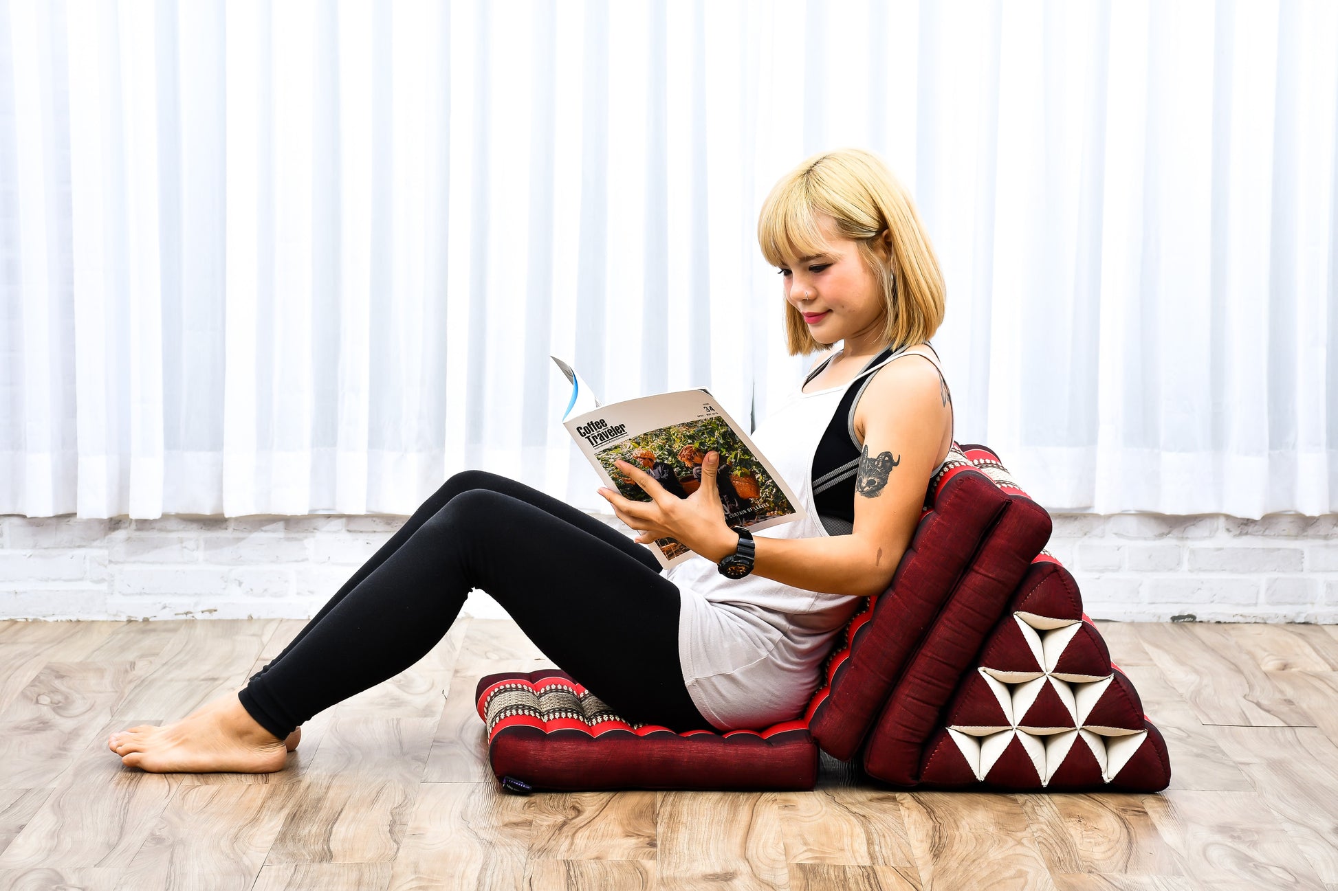 Thai Folding Mat with Triangle Cushion – Handmade Kapok Relax Mat for Sleeping, Reading & Lounging, Sf24 - Red, Brown, 3 seating segments