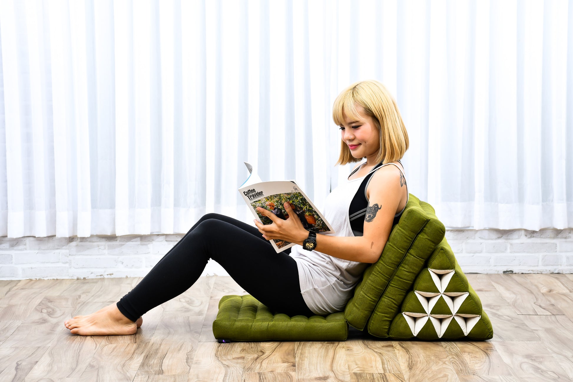 Thai Folding Mat with Triangle Cushion – Handmade Kapok Relax Mat for Sleeping, Reading & Lounging, Cl23 - Green, 3 seating segments