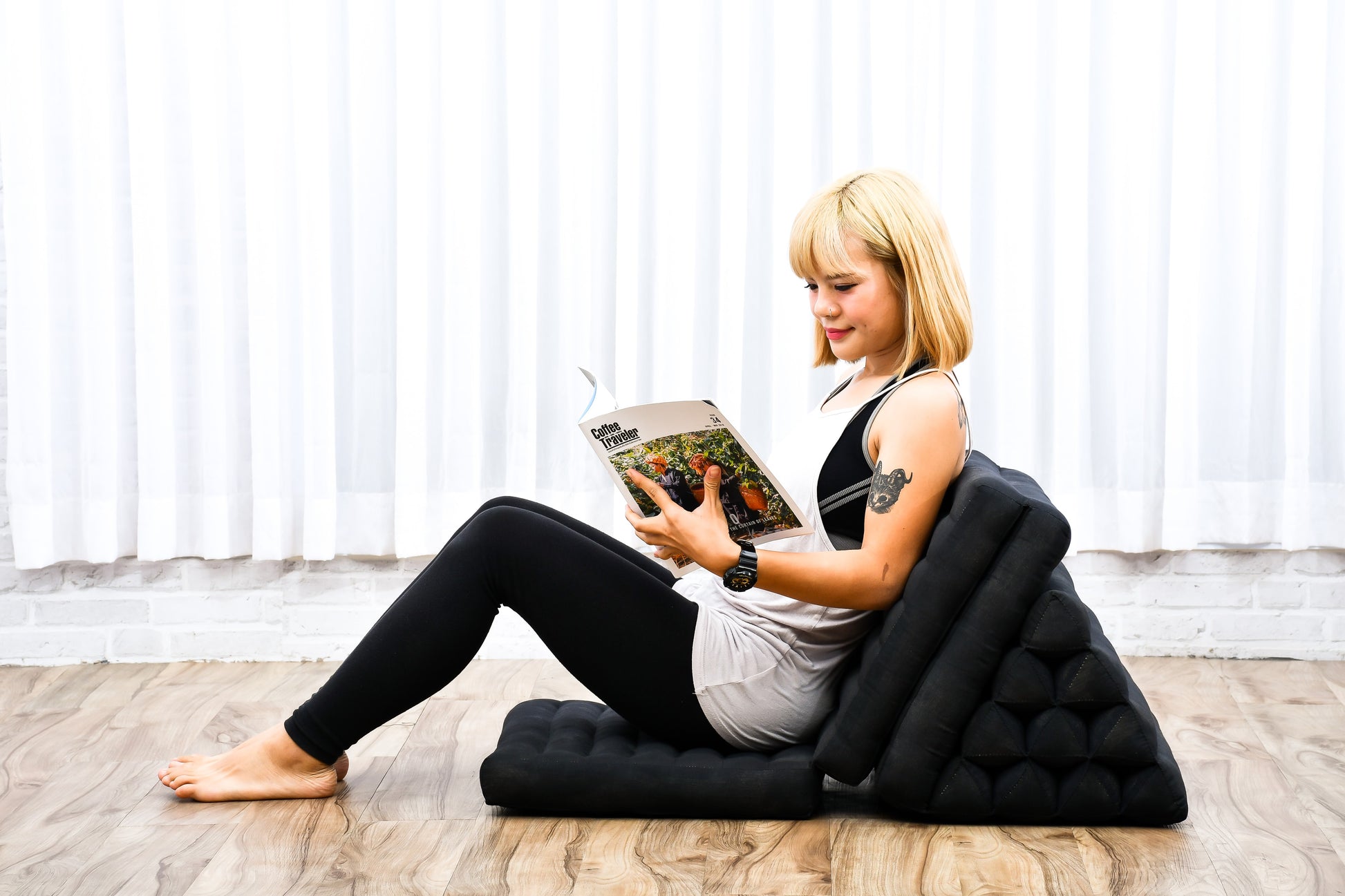 Thai Folding Mat with Triangle Cushion – Handmade Kapok Relax Mat for Sleeping, Reading & Lounging, Cl02 - Black, 3 seating segments