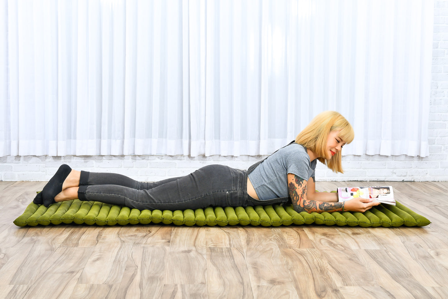 Kapok Roll-Up Mattress – Foldable Sleeping & Relax Mat with Cotton Cover for Home & Outdoor Use, Cl23 - Green, M: 190x70 cm