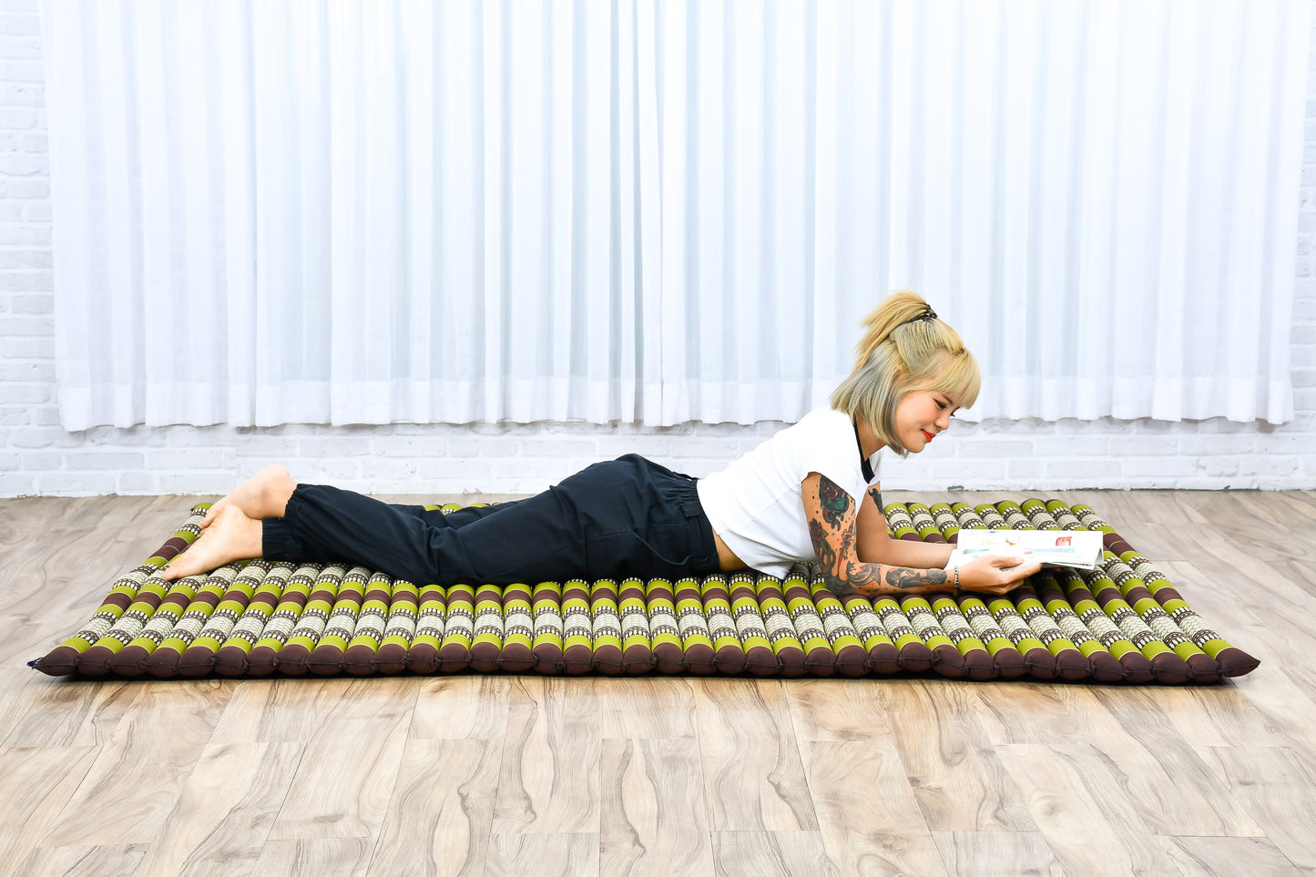 Kapok Roll-Up Mattress – Foldable Sleeping & Relax Mat with Cotton Cover for Home & Outdoor Use, Sf20 - Brown, Green, XL: 190x145 cm