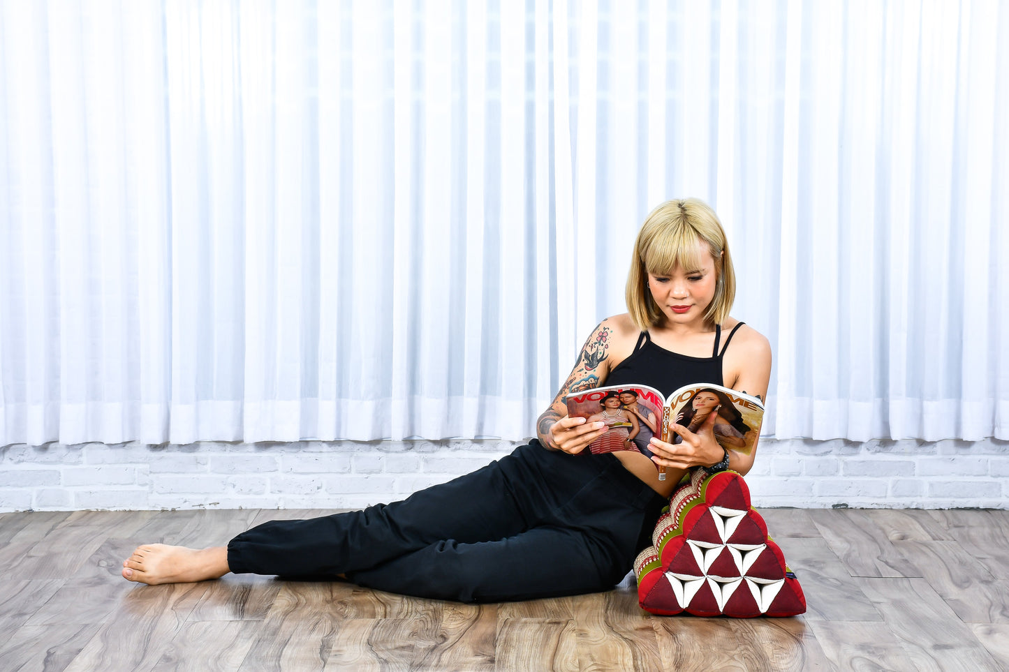 Triangular Kapok Backrest Cushion – Firm Thai Reading Pillow with Cotton Cover in Plain or Patterned Designs, Sf11 - Red, Green, triangle cushion