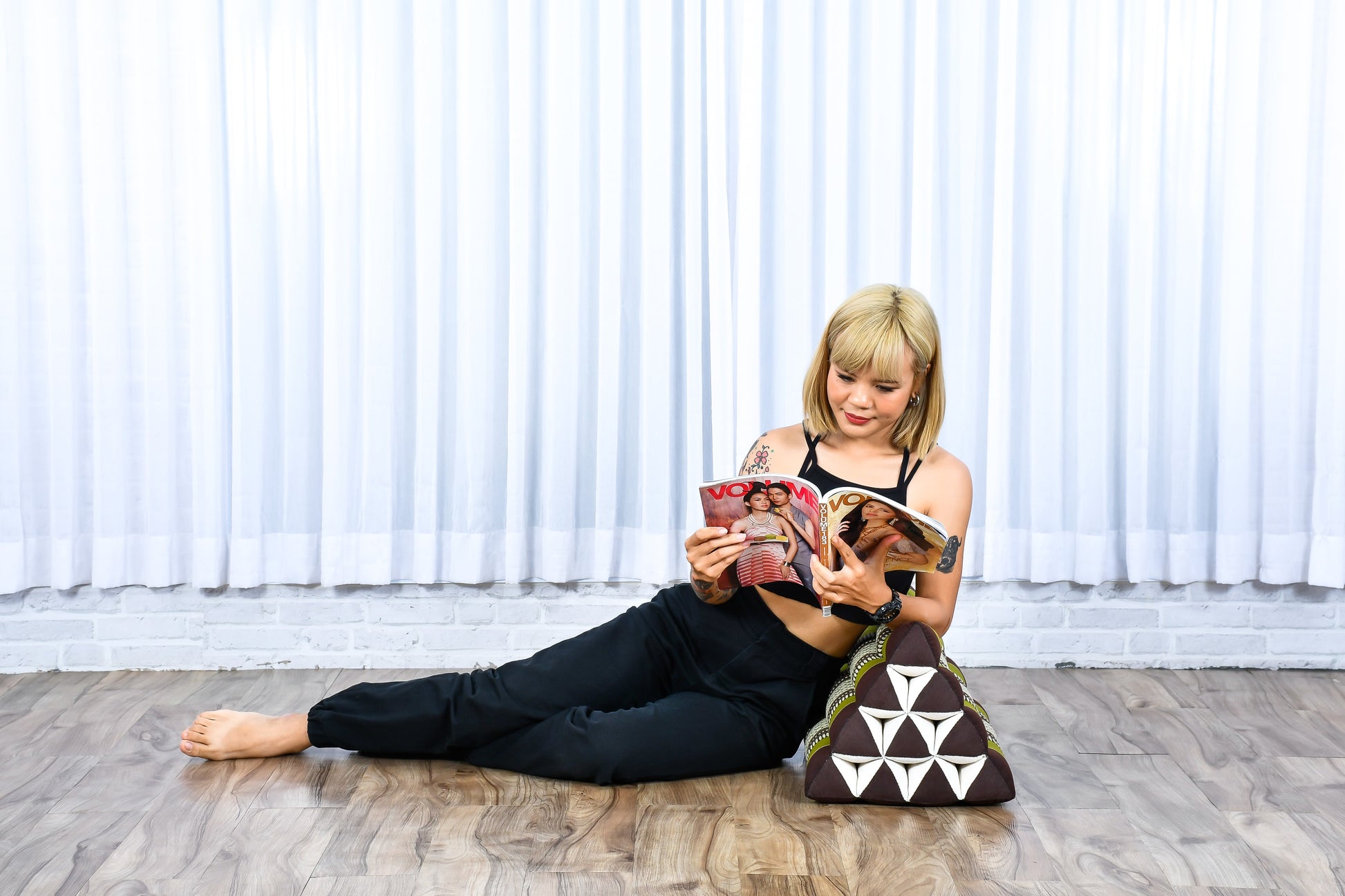 Triangular Kapok Backrest Cushion – Firm Thai Reading Pillow with Cotton Cover in Plain or Patterned Designs, Sf20 - Brown, Green, triangle cushion