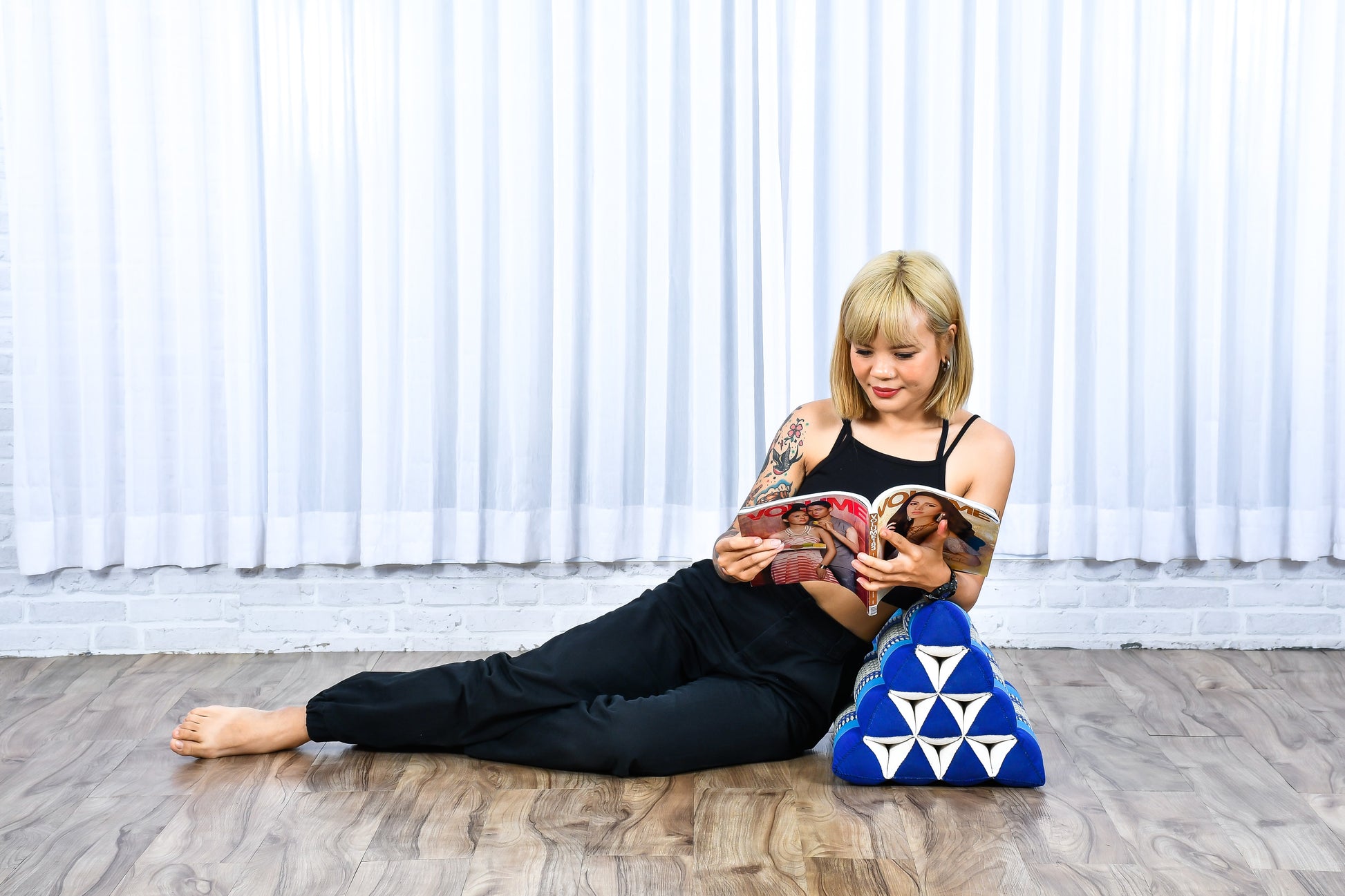 Triangular Kapok Backrest Cushion – Firm Thai Reading Pillow with Cotton Cover in Plain or Patterned Designs, Sf28 - Blue, triangle cushion