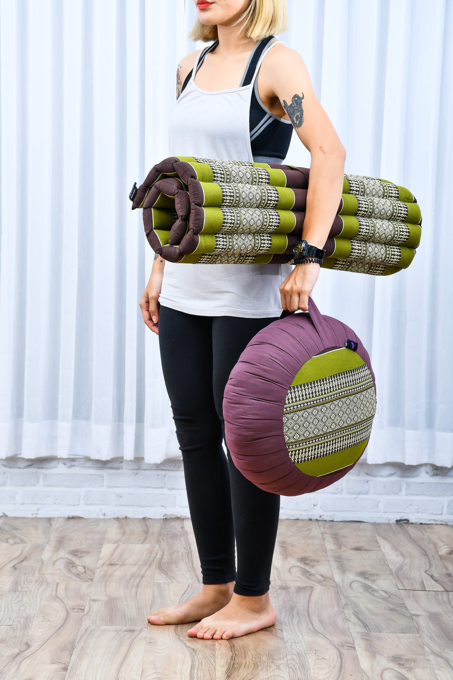 Kapok Meditation Cushion Set – Zabuton Mat & Zafu Seat Cushion with Cotton Cover, Sf20 - Brown, Green