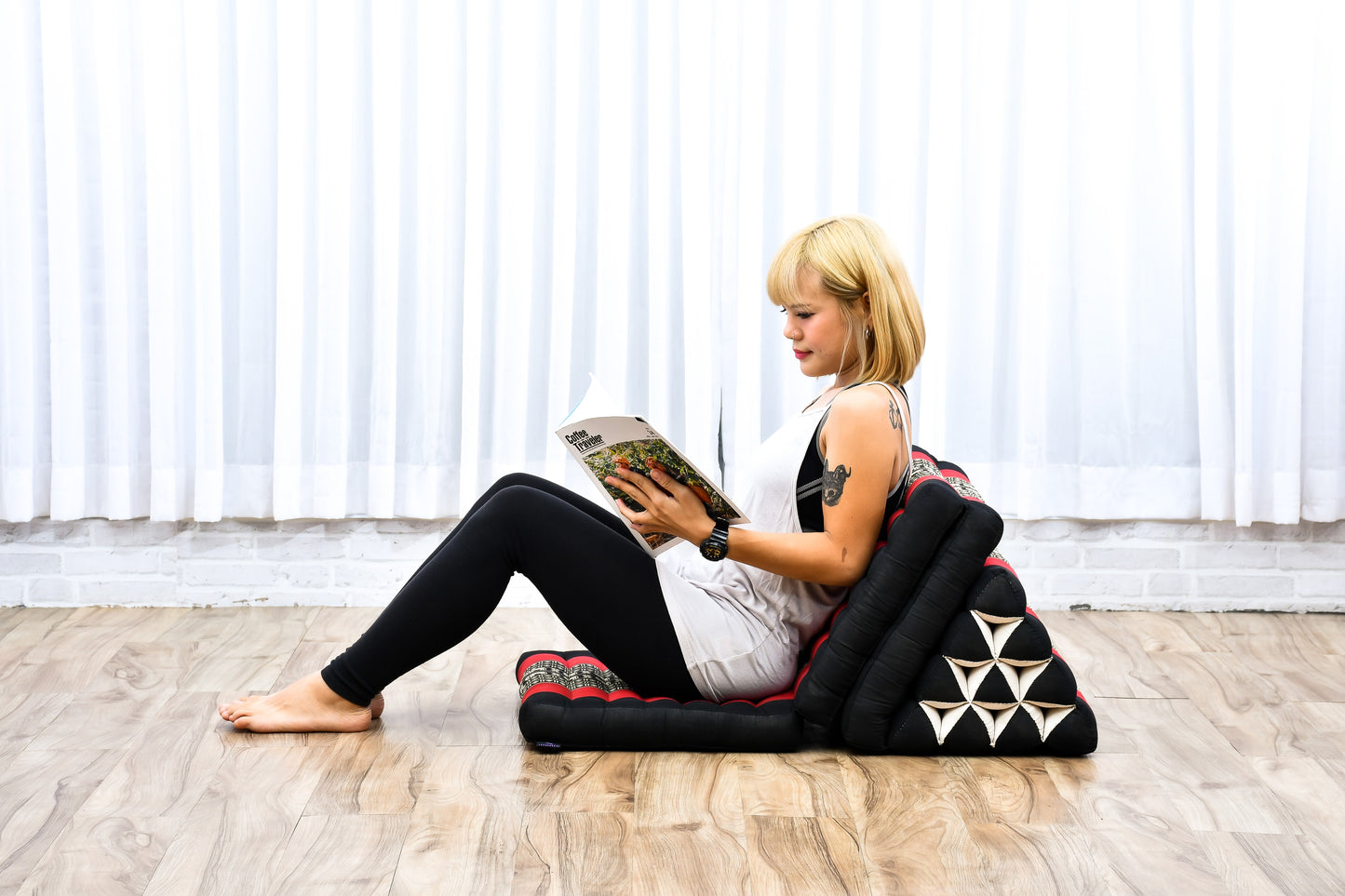 Thai Folding Mat with Triangle Cushion – Handmade Kapok Relax Mat for Sleeping, Reading & Lounging, Sf13 - Red, Black, 3 seating segments