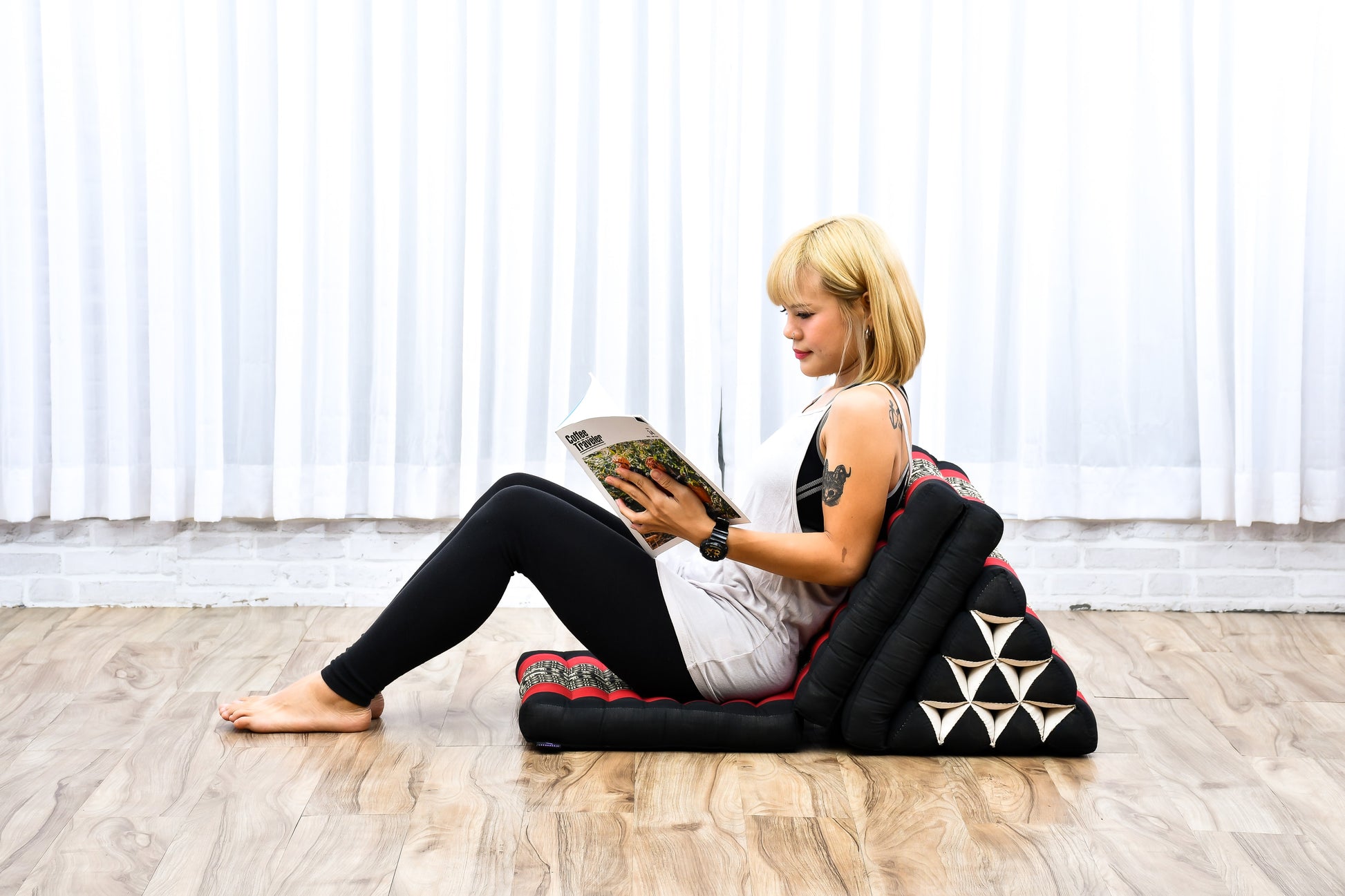 Thai Folding Mat with Triangle Cushion – Handmade Kapok Relax Mat for Sleeping, Reading & Lounging, Sf13 - Red, Black, 3 seating segments