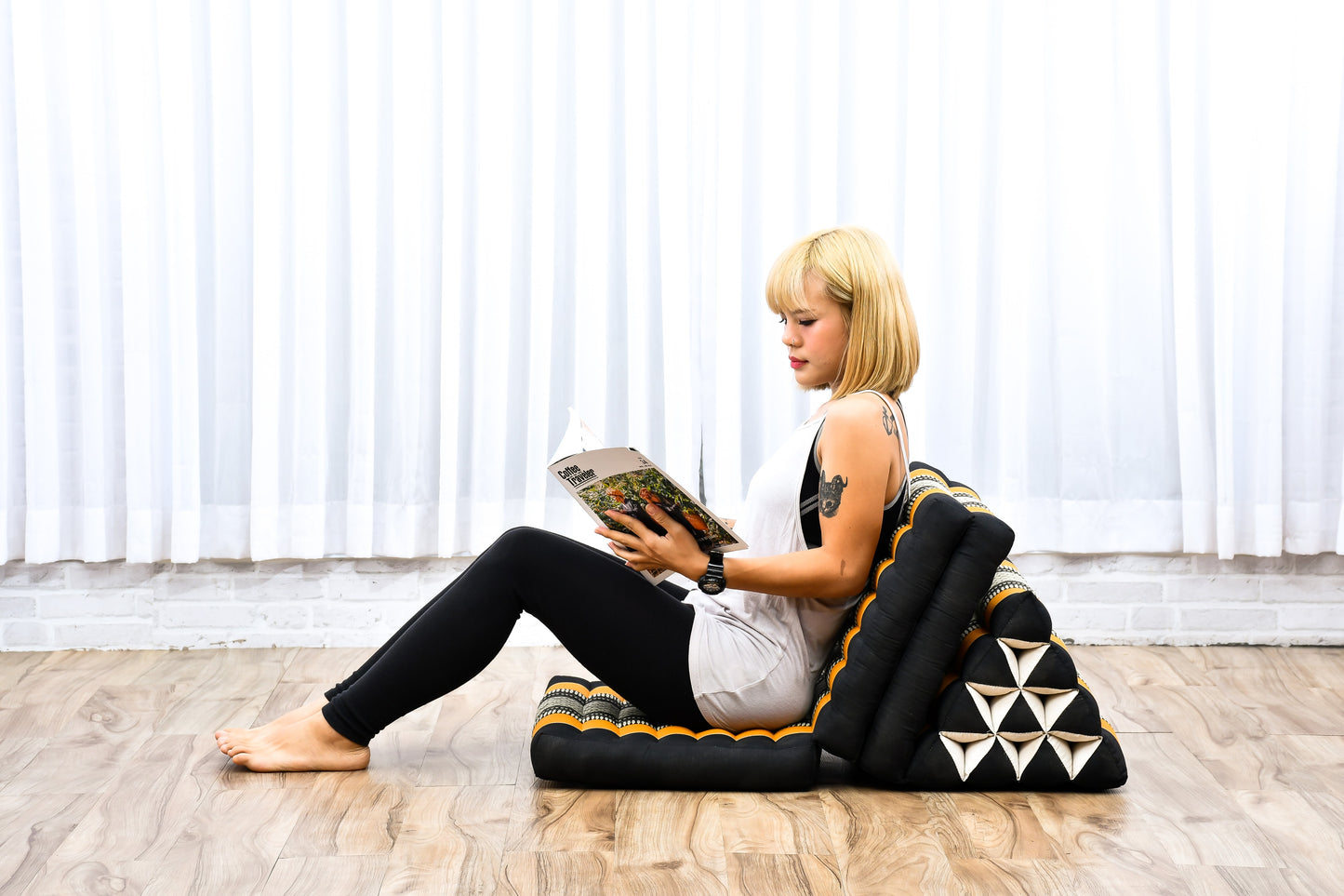 Thai Folding Mat with Triangle Cushion – Handmade Kapok Relax Mat for Sleeping, Reading & Lounging, Sf03 - Black, Orange, 3 seating segments
