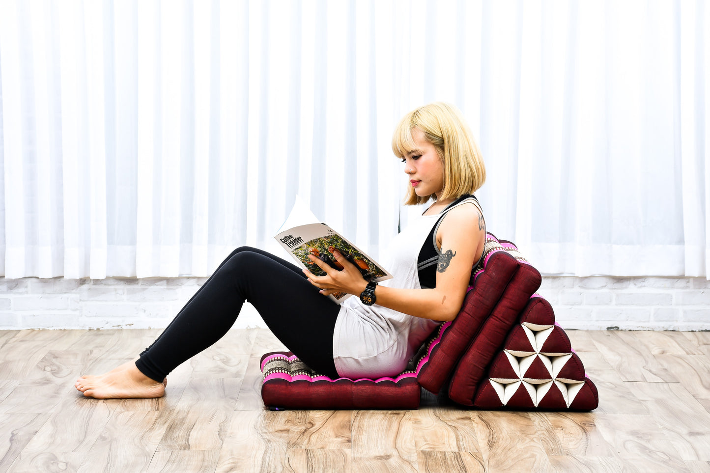 Thai Folding Mat with Triangle Cushion – Handmade Kapok Relax Mat for Sleeping, Reading & Lounging, Sf29 - Auburn, Pink, 3 seating segments