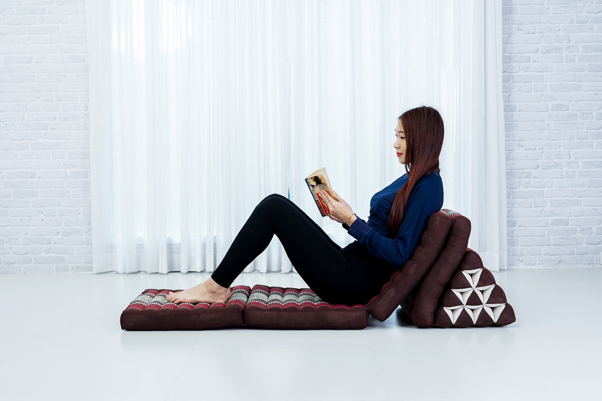 Thai Folding Mat with Triangle Cushion – Handmade Kapok Relax Mat for Sleeping, Reading & Lounging, Sf19 - Red, Brown, 4 seating segments