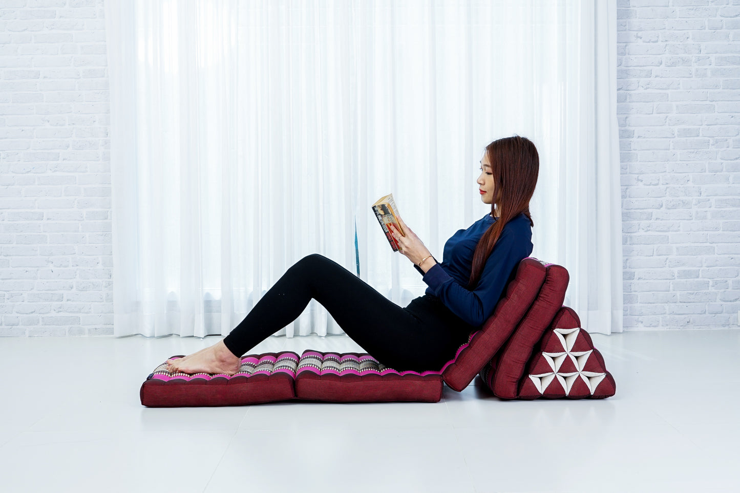 Thai Folding Mat with Triangle Cushion – Handmade Kapok Relax Mat for Sleeping, Reading & Lounging, Sf29 - Auburn, Pink, 4 seating segments