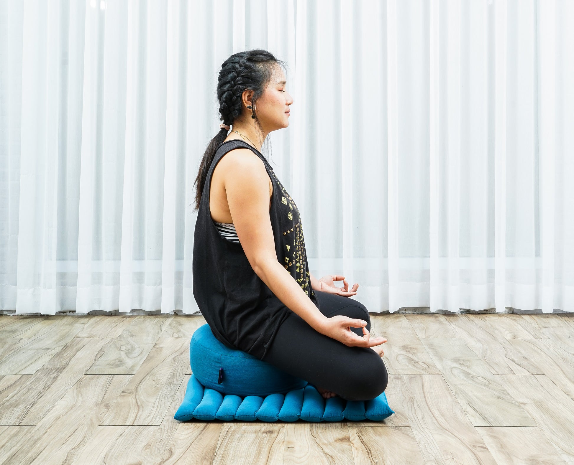 Compact Meditation Cushion Set Made of Kapok – Small Zabuton & Zafu with Cotton Cover, Cl22 - Light Blue