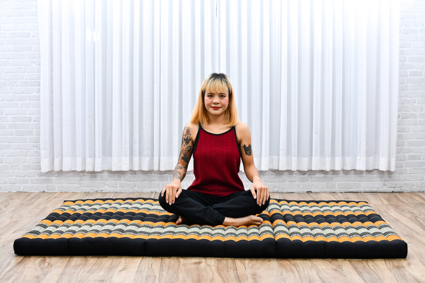 Kapok Folding Mattress – Thick Cotton Padded Guest Bed for Home, Sleeping & Mindfulness Corner, Sf03 - Black, Orange, L: 200x100 cm