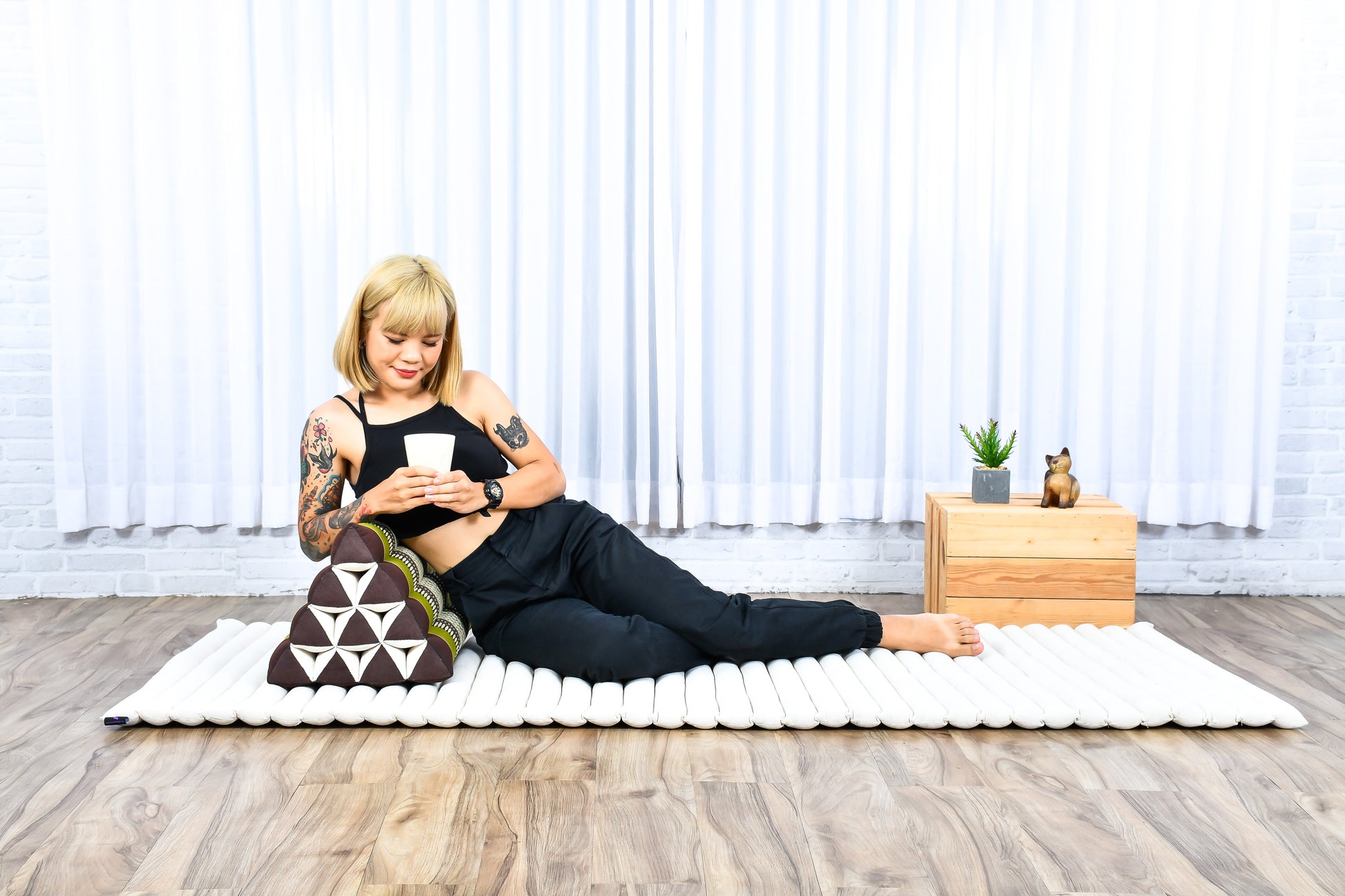 Triangular Kapok Backrest Cushion – Firm Thai Reading Pillow with Cotton Cover in Plain or Patterned Designs, Sf20 - Brown, Green, triangle cushion