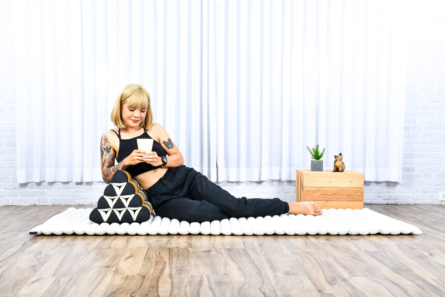 Triangular Kapok Backrest Cushion – Firm Thai Reading Pillow with Cotton Cover in Plain or Patterned Designs, Sf03 - Black, Orange, triangle cushion