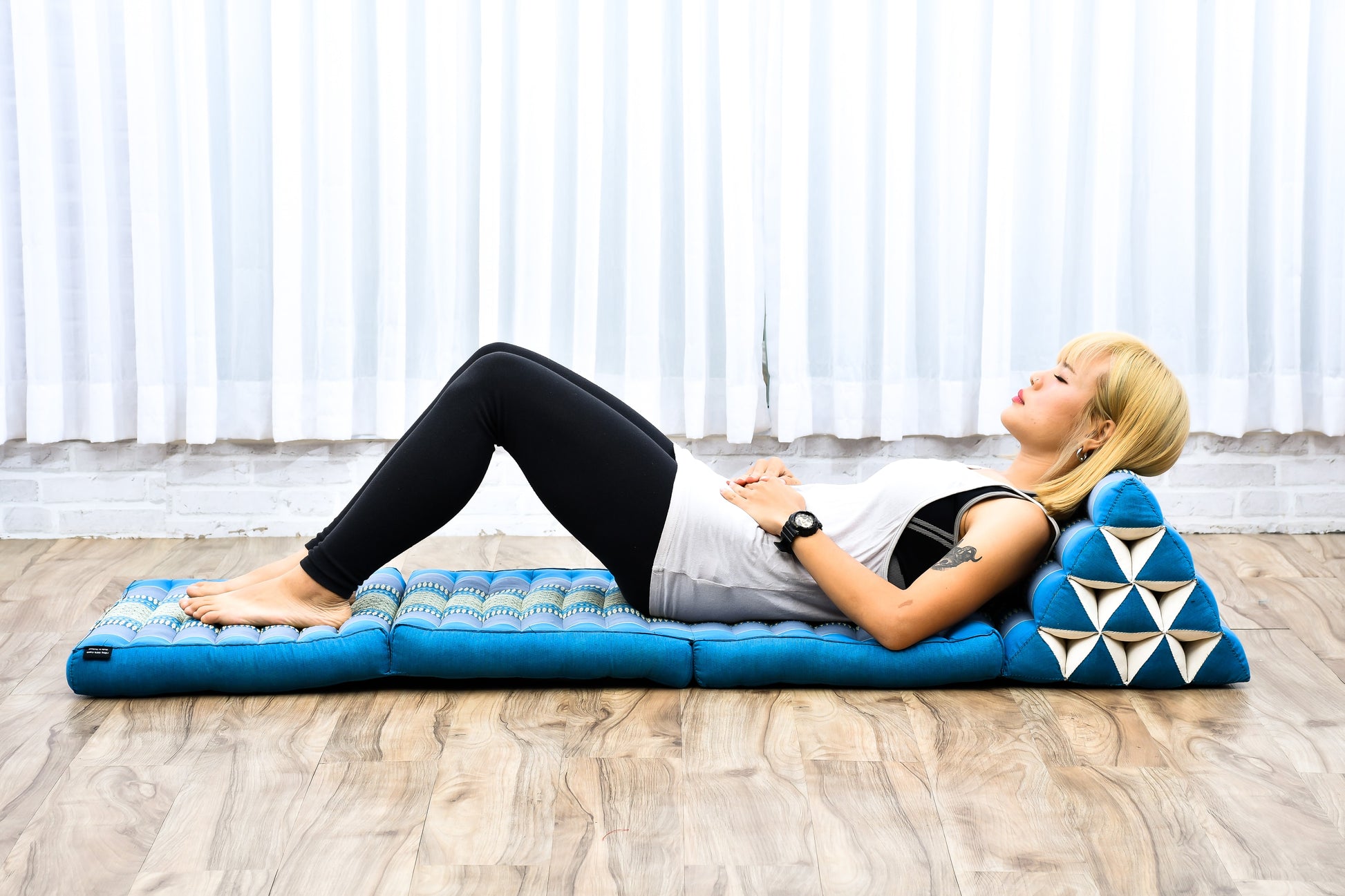 Thai Folding Mat with Triangle Cushion – Handmade Kapok Relax Mat for Sleeping, Reading & Lounging, Sf22 - Blue, 3 seating segments