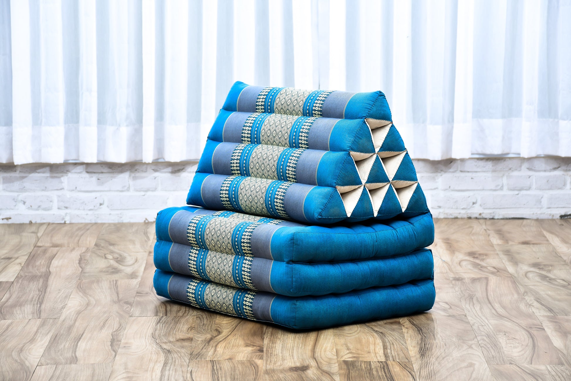 Thai Folding Mat with Triangle Cushion – Handmade Kapok Relax Mat for Sleeping, Reading & Lounging, Sf22 - Blue, 3 seating segments