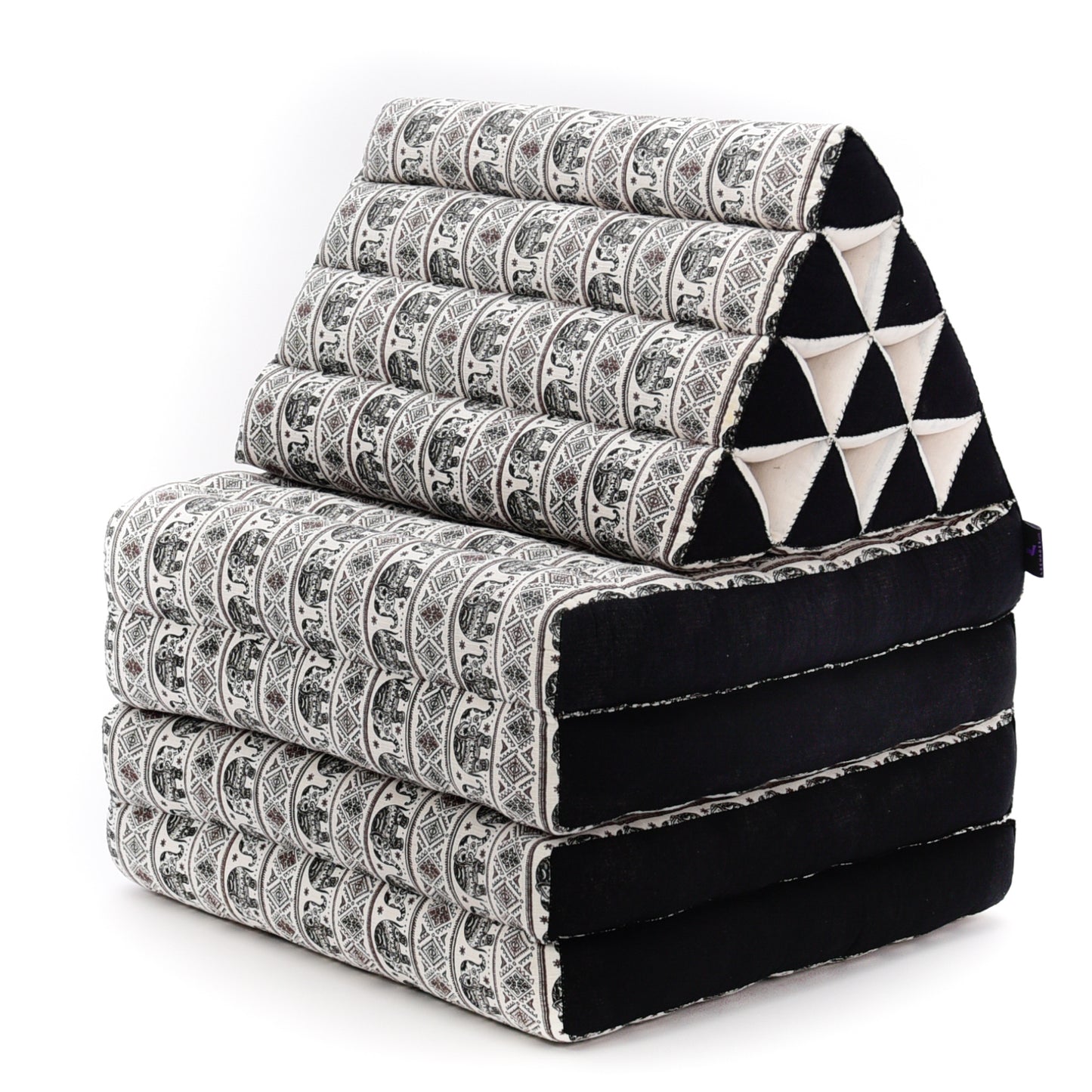 Thai Folding Mat with Triangle Cushion – Handmade Kapok Relax Mat for Sleeping, Reading & Lounging, El2 - Black, 4 seating segments