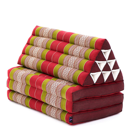 Thai Folding Mat with Triangle Cushion – Handmade Kapok Relax Mat for Sleeping, Reading & Lounging, Sf11 - Red, Green, 3 seating segments XL