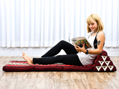 Thai Folding Mat with Triangle Cushion – Handmade Kapok Relax Mat for Sleeping, Reading & Lounging, Sf24 - Red, Brown, 3 seating segments