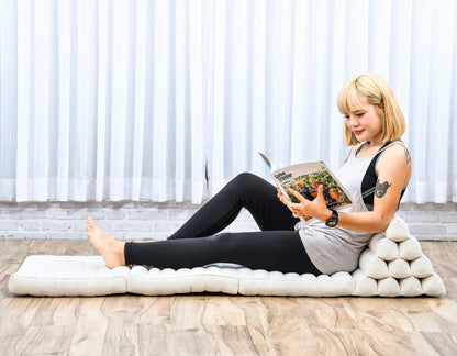 Thai Folding Mat with Triangle Cushion – Handmade Kapok Relax Mat for Sleeping, Reading & Lounging, Cl01 - Ecru, 3 seating segments