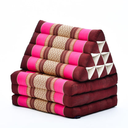 Thai Folding Mat with Triangle Cushion – Handmade Kapok Relax Mat for Sleeping, Reading & Lounging, Sf29 - Auburn, Pink, 3 seating segments