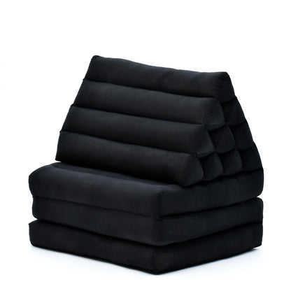 Thai Folding Mat with Triangle Cushion – Handmade Kapok Relax Mat for Sleeping, Reading & Lounging, Cl02 - Black, 3 seating segments