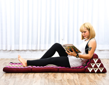 Thai Folding Mat with Triangle Cushion – Handmade Kapok Relax Mat for Sleeping, Reading & Lounging, Sf29 - Auburn, Pink, 3 seating segments