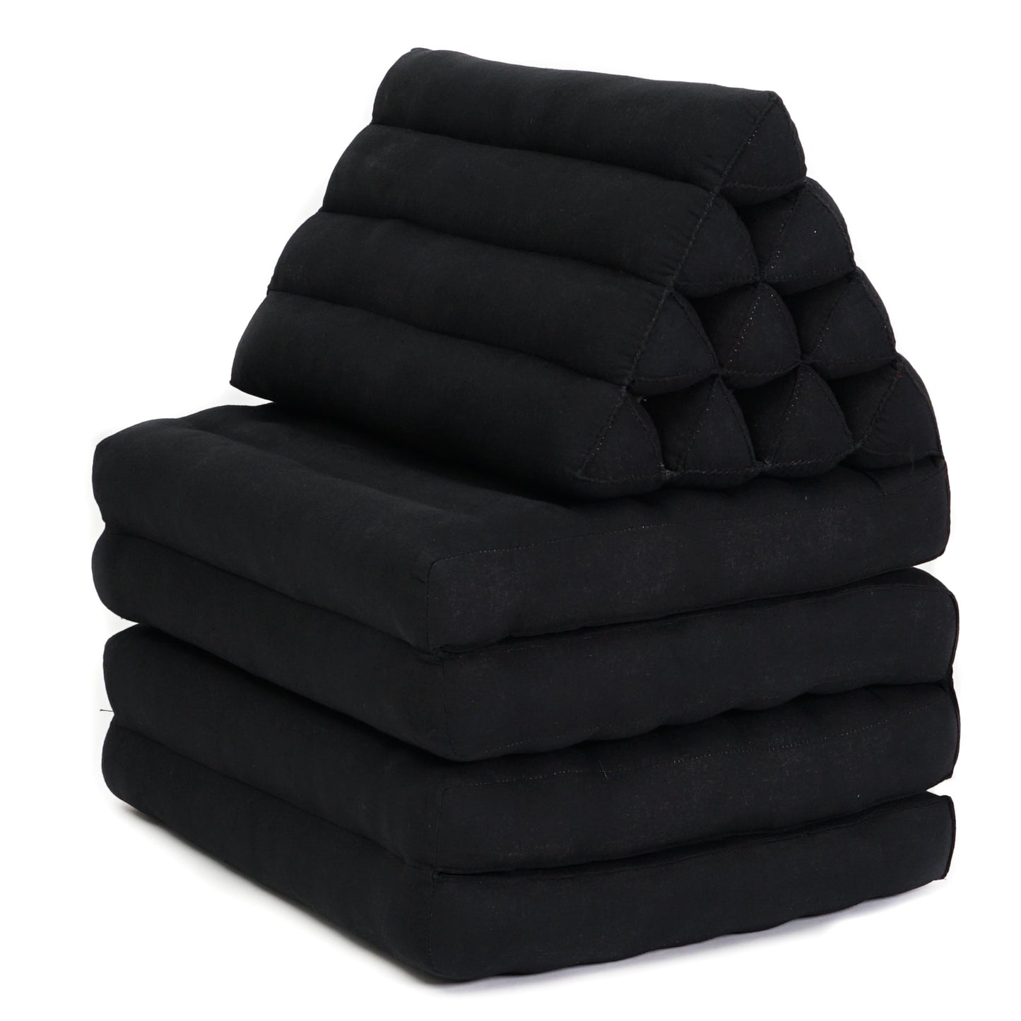 Thai Folding Mat with Triangle Cushion – Handmade Kapok Relax Mat for Sleeping, Reading & Lounging, Cl02 - Black, 4 seating segments