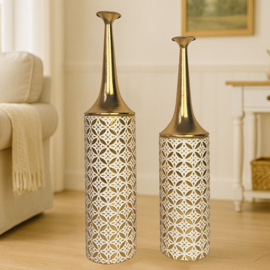 Metal Floor Vase Set of 2 – Tall & Large Handmade Standing Vases, 66/59 cm, gold