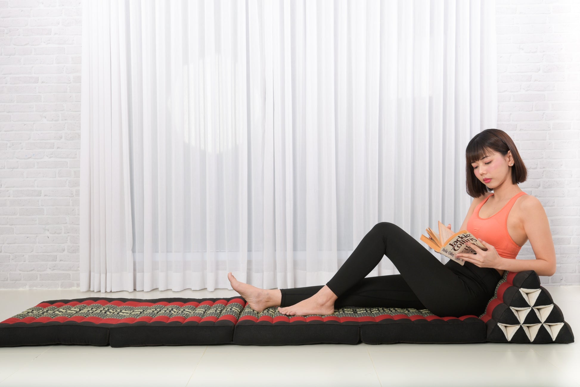 Thai Folding Mat with Triangle Cushion – Handmade Kapok Relax Mat for Sleeping, Reading & Lounging, Sf13 - Red, Black, 4 seating segments